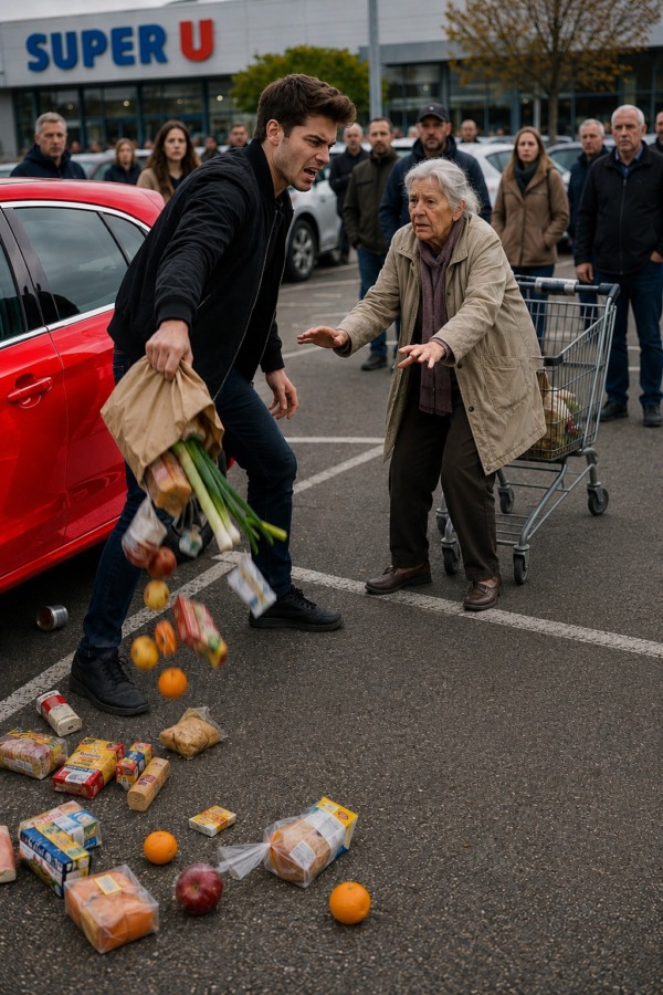 בחניון של סופרמרקט, אישה מבוגרת פגעה קלות במכוניתו של גבר צעיר… זועם מכעס, הוא חטף את שקיות הקניות שלה והשליך אותן על הקרקע, ואז התעמת עם גבר מבוגר שניסה להגן עליה — בלי לדמיין אפילו לרגע שהוא עצמו יישאר המום לחלוטין